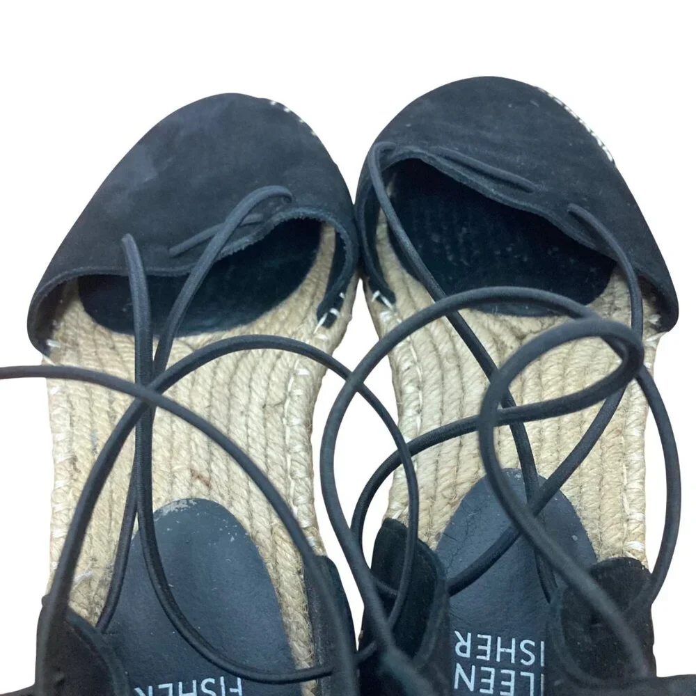 Eileen Fisher Lace Espadrille Flats Womens 8 Black Suede Strappy Sandals